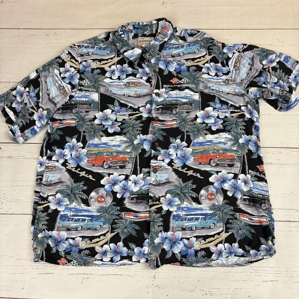 Reyn Spooner Hawaiian Shirt Mens XL Black Rayon Car Floral American Classics